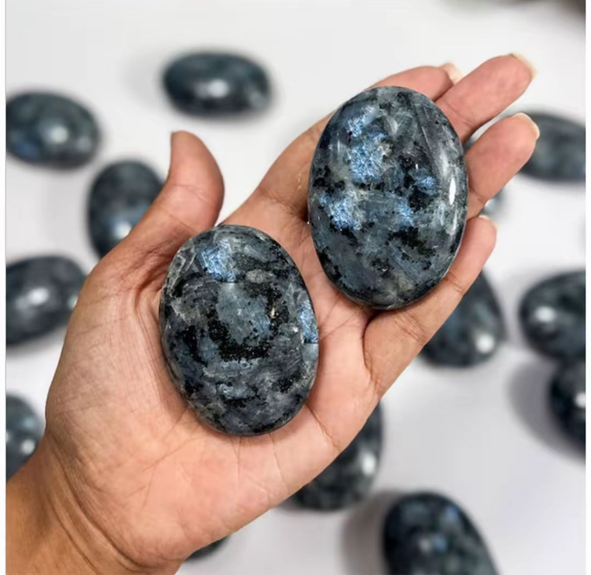 Blue Flash Larvikite Palm Stone