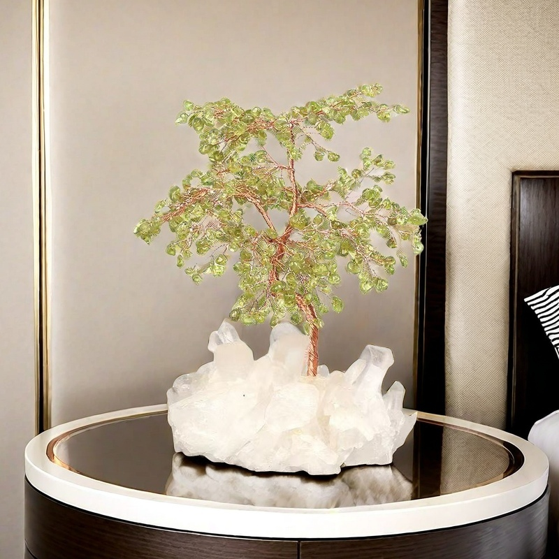 Peridot Crystal Tree on Clear Quartz Base