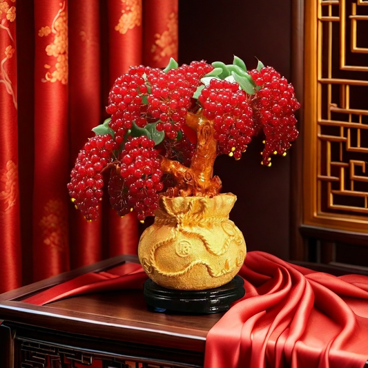 Red Agate Tree in Golden Ingot Pot