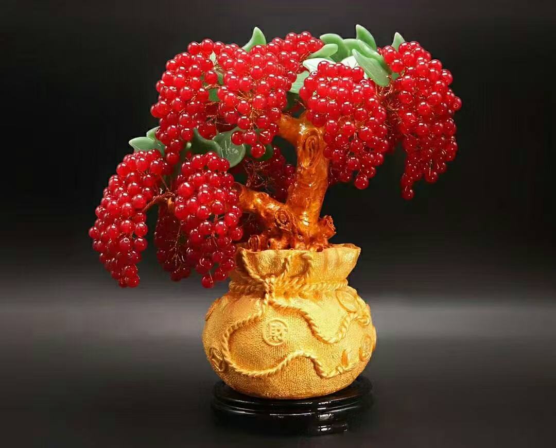 Red Agate Tree in Golden Ingot Pot
