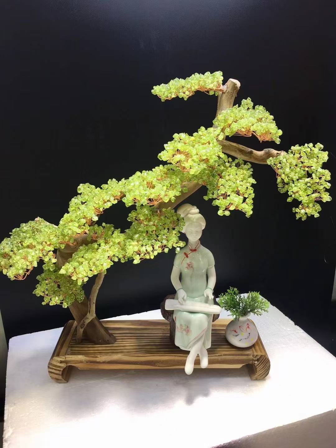 Peridot Crystal Tree with Elegant Lady Figurine