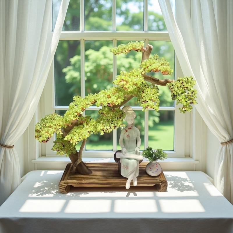 Peridot Crystal Tree with Elegant Lady Figurine