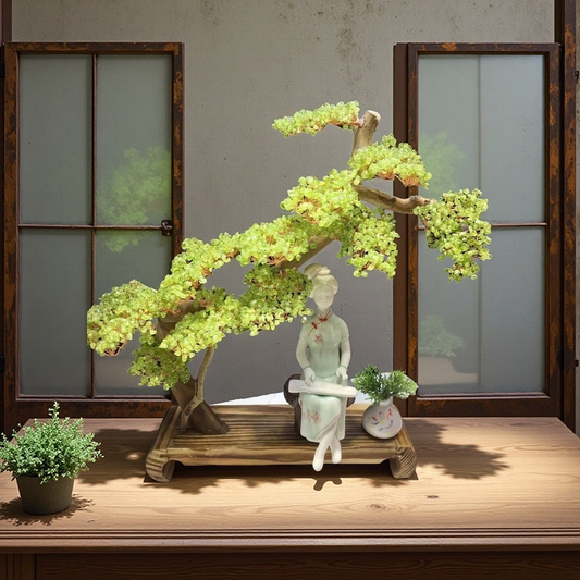 Peridot Crystal Tree with Elegant Lady Figurine