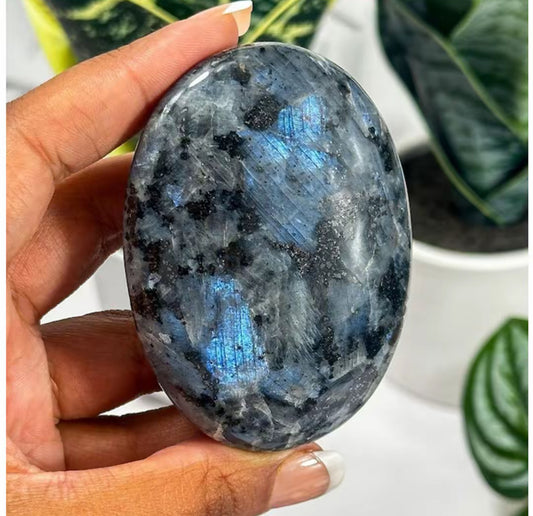 Blue Flash Larvikite Palm Stone