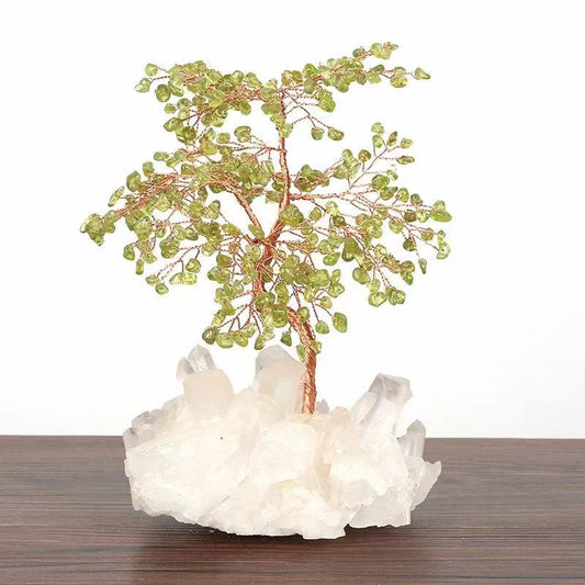 Peridot Crystal Tree on Clear Quartz Base