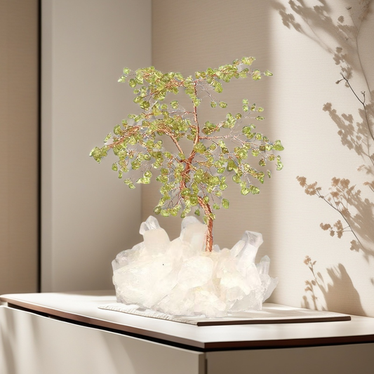 Peridot Crystal Tree on Clear Quartz Base