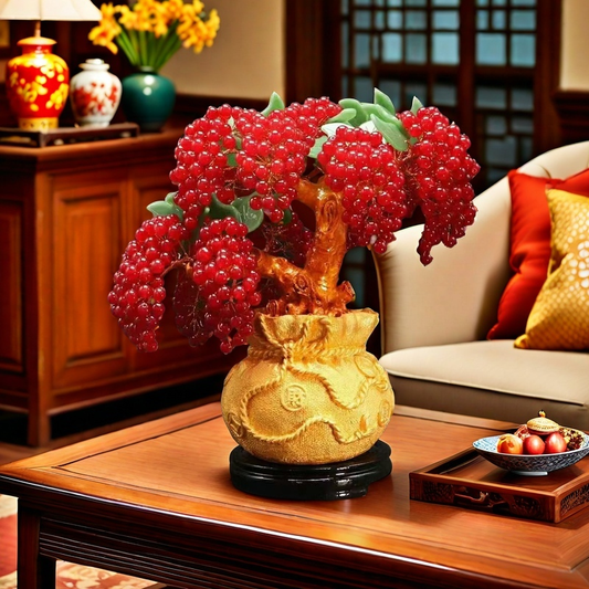 Red Agate Tree in Golden Ingot Pot