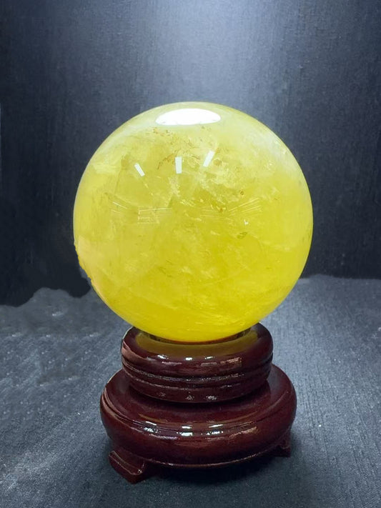 Yellow Quartz Crystal Sphere on Mahogany Stand